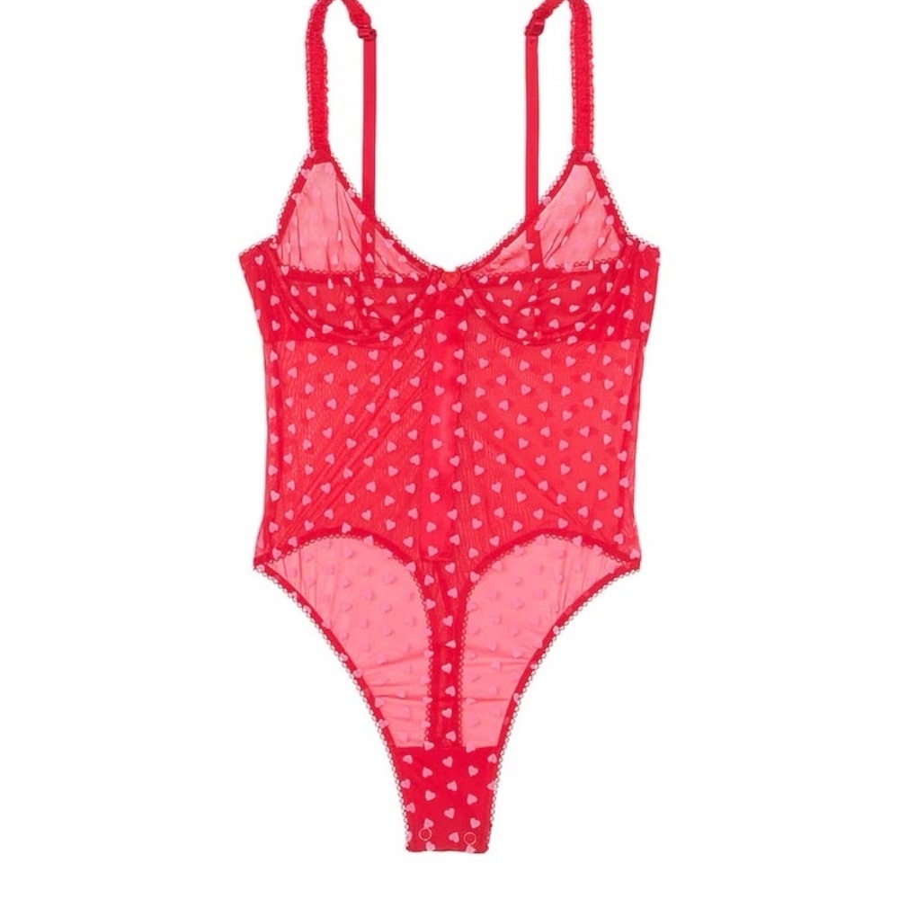 New! Victoria's Secret Tease Vermillion Red Hearts Flocked Bodysuit 45949